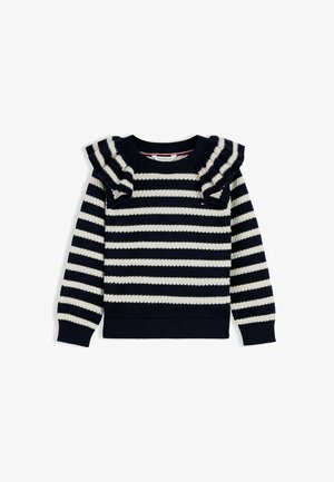 Langærmet sweater med navy- og hvide striber, med flæsedetaljer på skuldrene samt ribkant ved hals, ærmeafslutninger og kant.