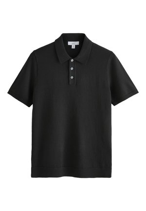 Sort kortærmet polo skjorte med tre knapper og krave, vist fladt mod en hvid baggrund.