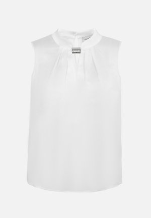 Sleeveless white blouse with gathered neckline and decorative silver clasp at collar, featuring a back zipper closure.
