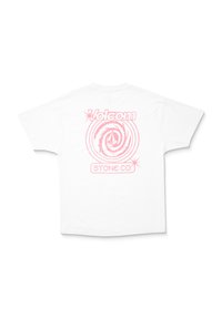 White t-shirt featuring a large pink spiral graphic with the text "Volcom" and "Stone Co" on the back, short sleeves and relaxed fit.