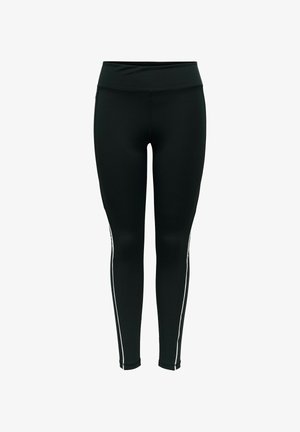 Leggings noirs avec une large taille, un design épuré et des rayures blanches contrastantes sur les côtés. Texture lisse et coupe ajustée.