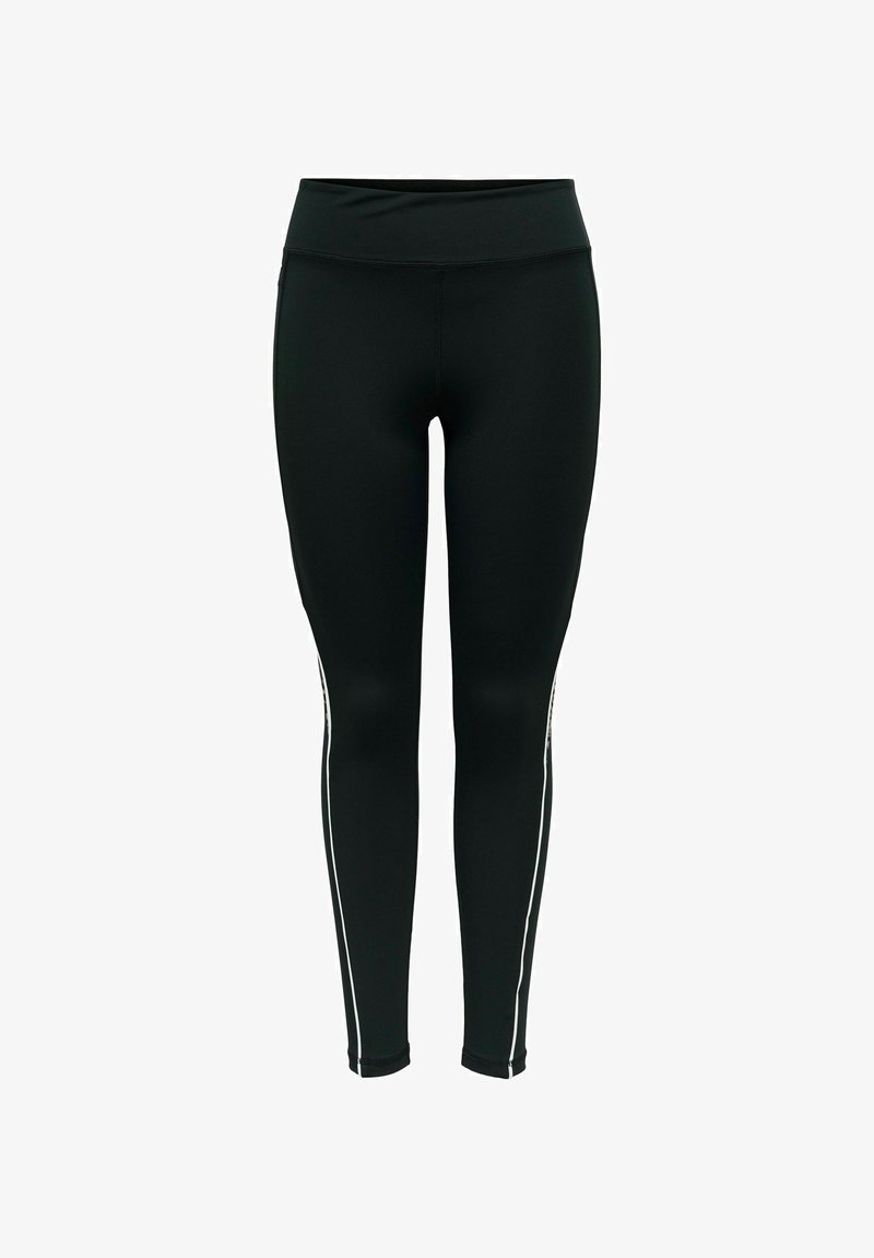 Zwarte leggings met een brede tailleband, een slank ontwerp en contrasterende witte zijstrepen. Gladde textuur en aangesloten vorm.