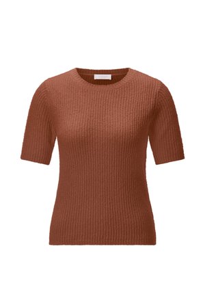 Hnedý krátky sveter s krátkym rukávom, kulatým výstrihom a textúrovaným rebrovaným vzorom.