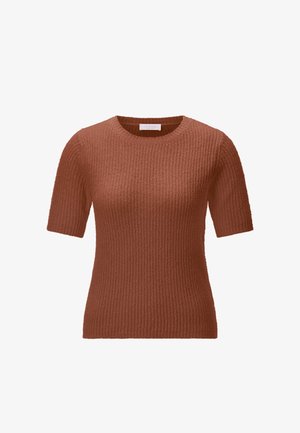 Brown short-sleeve knitted sweater with a round neckline and textured ribbed pattern.