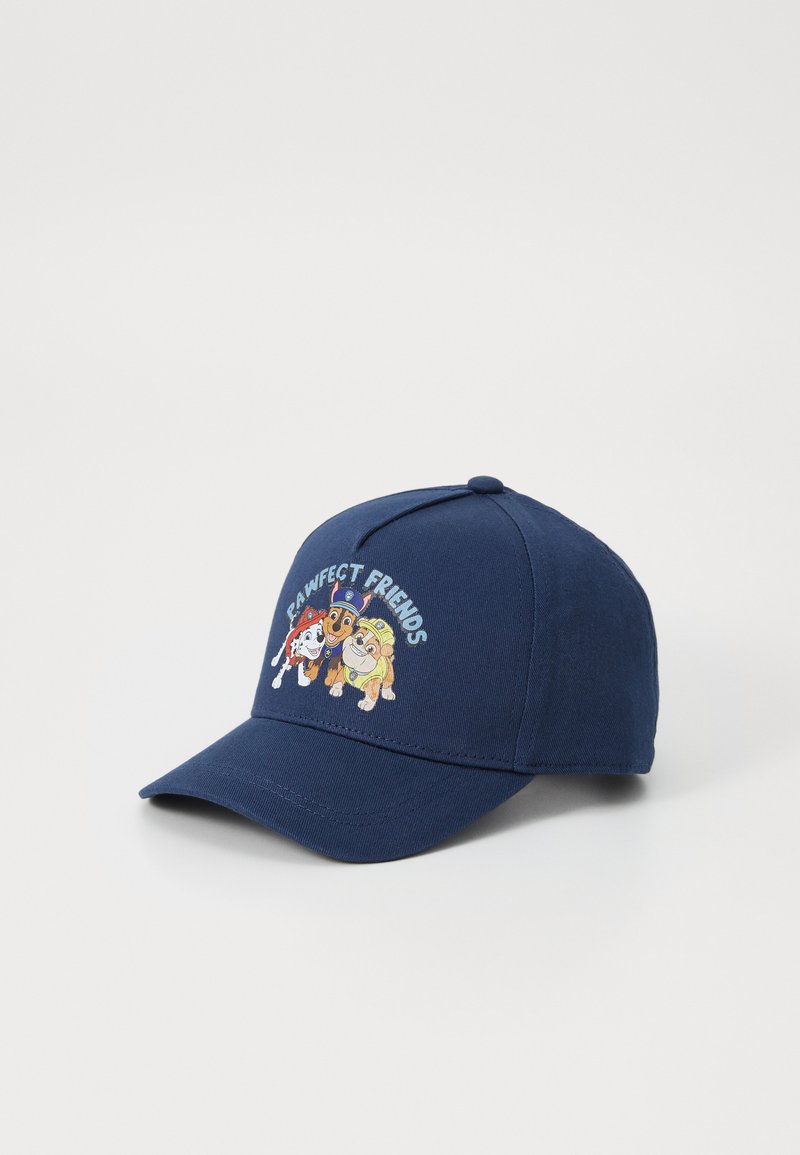 Navy blå baseball caps laget av bomull, med tre tegneserie-dyr og teksten "Pawfect Friends" brodert på fronten. Flat skjermdesign.