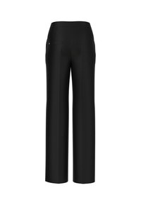 Black wide-leg trousers with a smooth texture, featuring two back pockets and a subtle sheen. Clean design without visible branding.