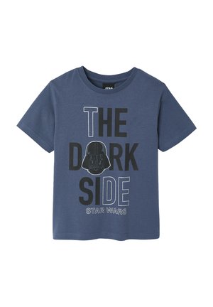 Blue short-sleeve shirt with black and white text "THE DARK SIDE" featuring a Darth Vader helmet and "STAR WARS" below.