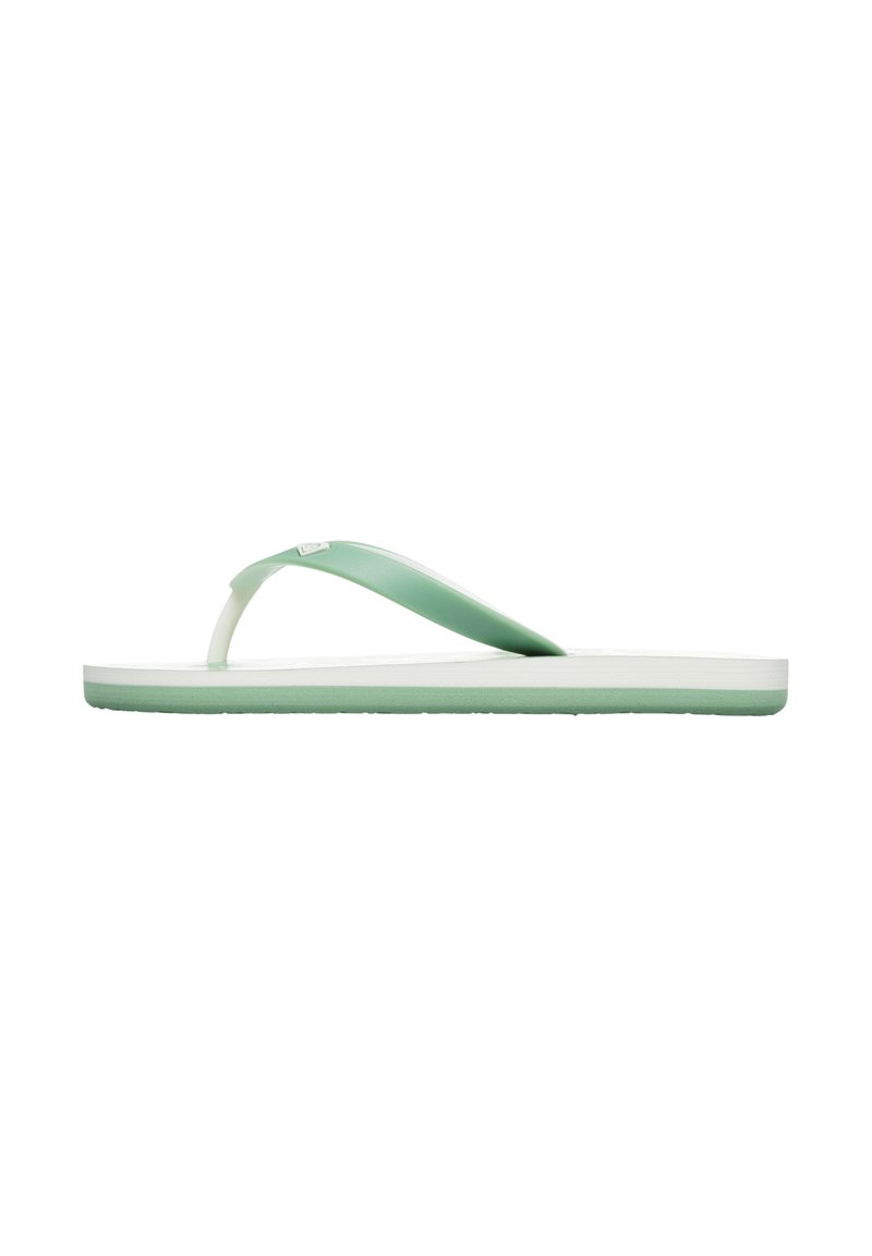 Grön flip-flop sandal med en mjuk gummiyta och en lätt bas. Har en vit mellansula och en texturerad yttersula för grepp.