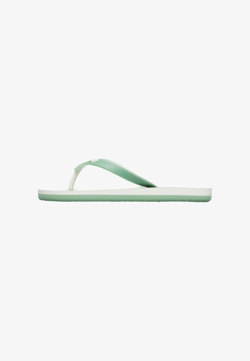 Grøn flip-flop sandal med en blød gummioverdel og en let base. Har en hvid mellemsål og en tekstureret ydersål for bedre greb.