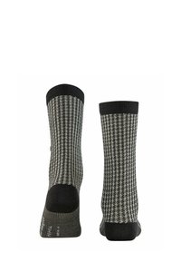 Graue und schwarze gemusterte Socken mit einem Hahnentritt-Design; gerippter Bund und verstärktes Fersenbereich für Langlebigkeit. Textiles Material mit glatter Oberfläche.