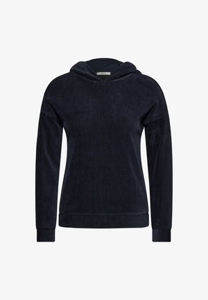 Sudadera con capucha en color marino, fabricada en suave tela de pana. Cuenta con puños y dobladillo acanalados, y rayas verticales en su superficie.