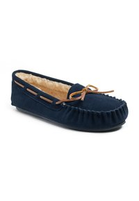 Marineblaue Mokassinschuhe aus weichem Wildleder, mit einem Futter aus Shearling, Lederband und einer gerafften Naht um die Sohle.
