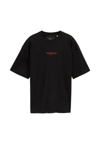 Black cotton t-shirt with short sleeves, round neckline, and a small red printed logo on the front. Features a loose fit and ribbed texture.