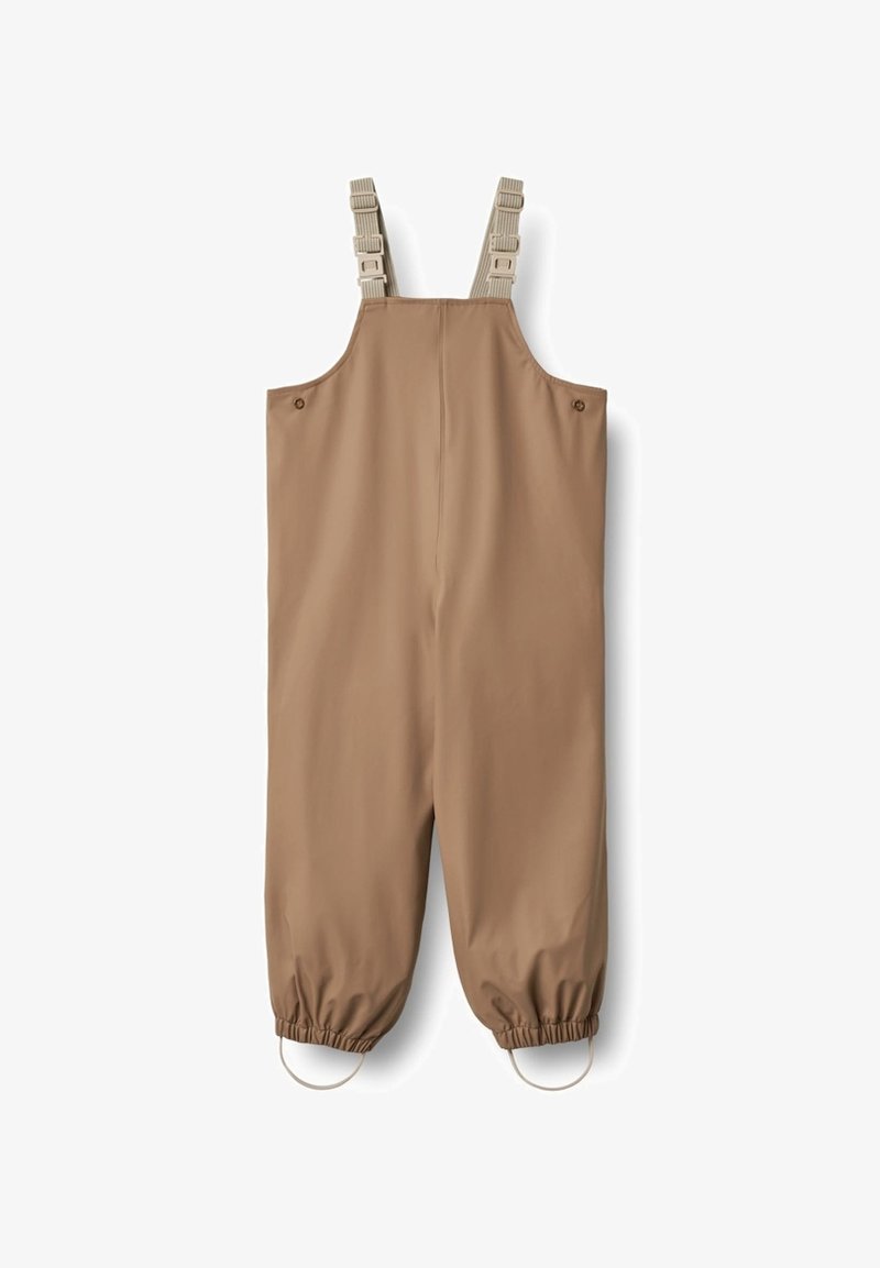 Hnědé nepromokavé kombinézy s nastavitelnými béžovými popruhy, elastickými manžetami a dvěma bočními kapsami. Hladká textura, ležérní design, vhodné na venkovní nošení.