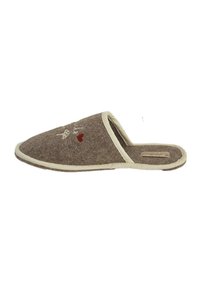 Felt slippers in brown with a light beige trim. Features a simple mushroom design with a red heart. Low-profile, open back design.