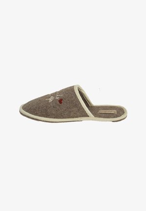 Brown felt slipper with a rounded toe, cream trim, and embroidered mushroom and heart design. Soft texture and open back for easy wear.