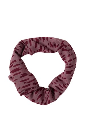 Cirkulær stof scrunchie i støvet pink med mørkerøde uregelmæssige stribemønstre.
