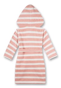Een gewatteerde badjas in roze en witte stripes, met lange mouwen, een riem in de taille en gemaakt van zachte, textuurrijke stof.
