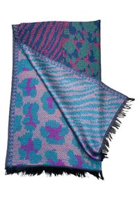 Couverture en tissu tissé présentant un mélange de motifs rose, bleu et vert, avec des bords frangés et des détails texturés tout au long.