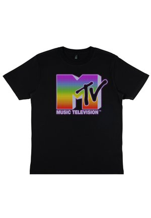 Camiseta negra con un logo de MTV multicolor que presenta efectos de degradado, acompañado del texto "MUSIC TELEVISION" en blanco.
