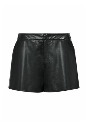 Czarne skórzane szorty o gładkiej fakturze, wysokim stanie i prostym kroju. Minimalistyczny design bez widocznych elementów ani akcentów.