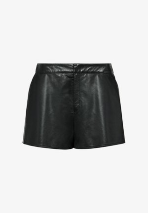 Czarne skórzane szorty o gładkiej fakturze, wysokim stanie i prostym kroju. Minimalistyczny design bez widocznych elementów ani akcentów.