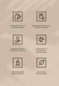 Symbole auf einem strukturierten beigen Hintergrund. Zu den Merkmalen gehören Produktentwicklung, vegane Zertifizierung, natürliche Inhaltsstoffe und humanitäre Bemühungen.