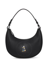 Black leather shoulder bag with a curved silhouette, featuring a perforated circular design and a cartoon character graphic on the front.