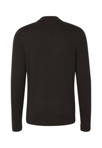 Pull noir à manches longues avec un col rond, vu de dos, montrant un tissu lisse et uni.