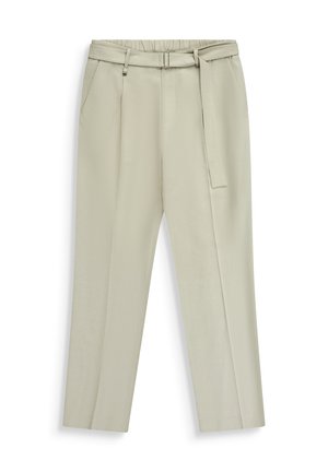 Pantaloni beige chiaro su misura con vita alta, tasche laterali, pieghe frontali e cintura abbinata in tessuto legata in vita.