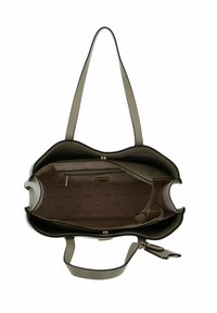 Borsa strutturata in verde tenue e nero, con una superficie liscia, doppi manici e una tasca interna con zip foderata con logo.
