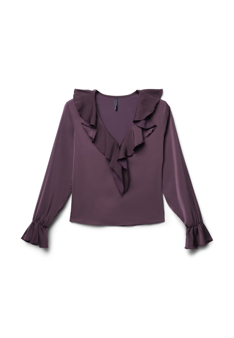 Blusa in poliestere viola con maniche lunghe, scollo a V e dettaglio a strati con rouches lungo il colletto e il centro. Scollo affusolato in vita.