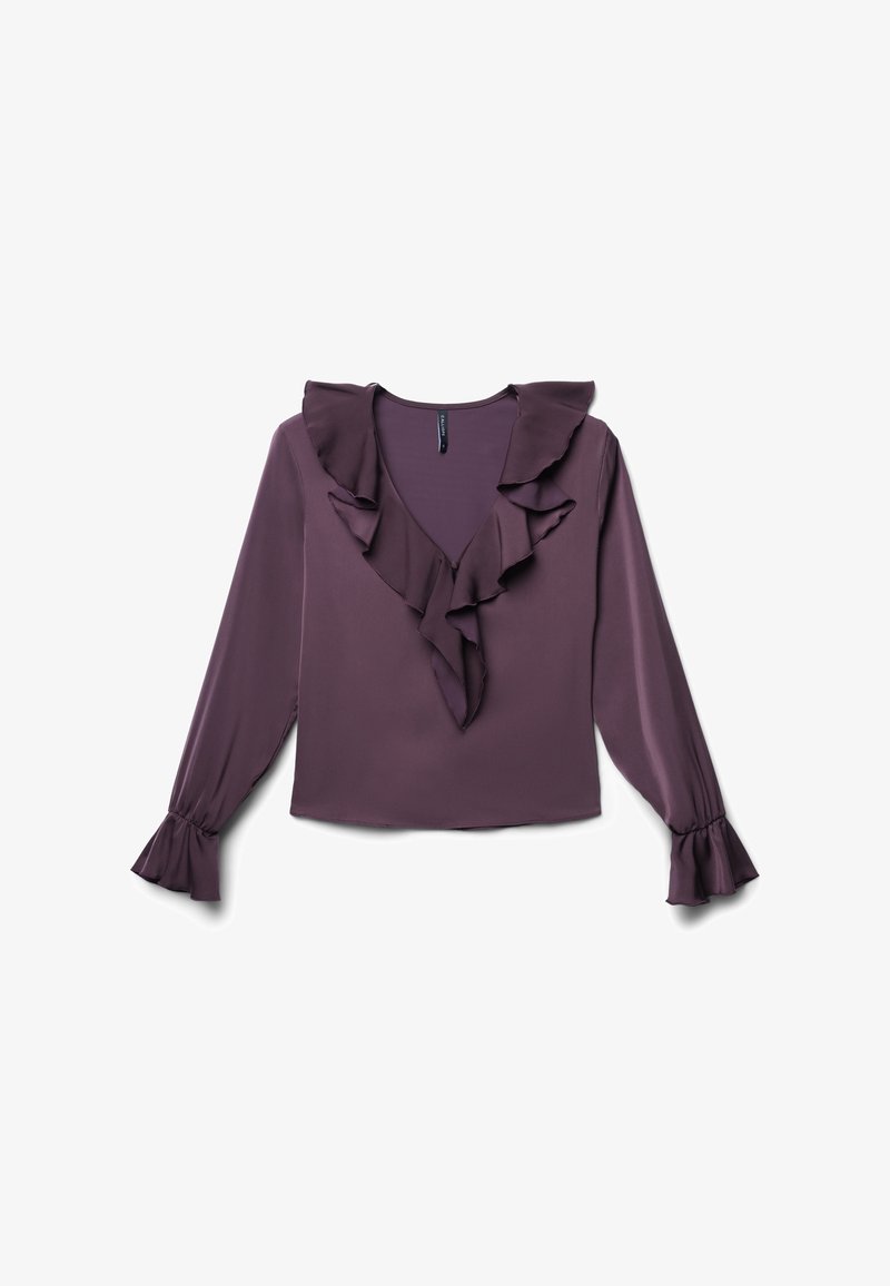 Blusa in poliestere viola con maniche lunghe, scollo a V e dettaglio a strati con rouches lungo il colletto e il centro. Scollo affusolato in vita.
