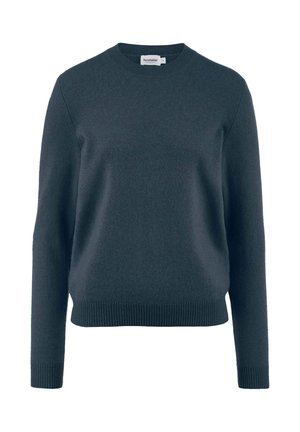 Dunkelgrauer Pullover aus weichem Stoff, mit Rundhalsausschnitt und gerippten Bündchen und Saum, mit glatter Textur und minimalistischem Design.