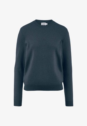 Maglione grigio scuro realizzato in tessuto morbido, con scollatura a girocollo e polsini e orlo a coste, caratterizzato da una texture liscia e un design minimalista.