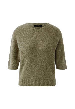 Olive green fuzzy knit sweater with short sleeves and round neckline, featuring a ribbed hem.