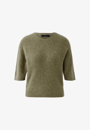 Pull en maille duveteuse vert olive avec manches courtes et encolure ronde, doté d'un ourlet côtelé.