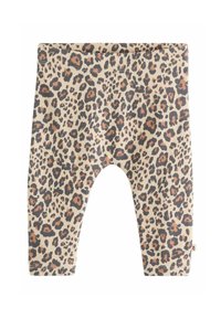 Børnevenlige ribbede leggings med elastisk talje, lavet i beige stof og med brun og sort leopardmønster.