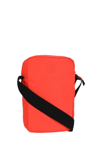 Borsa a tracolla rossa con motivo esagonale, dotata di una tracolla nera regolabile e chiusura con cerniera. Forma rettangolare compatta, materiale leggero.