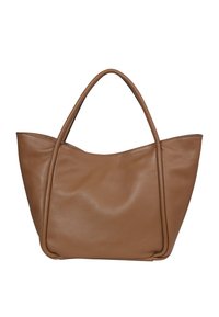 Leather tote bag in medium brown with a soft, textured surface. Features two long handles and a wide opening, with rounded edges.