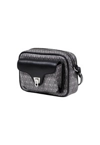 Borsa a tracolla grigia con motivo, flap nero texture, accessori in argento, chiusura con zip e tracolla regolabile. Forma rettangolare compatta.