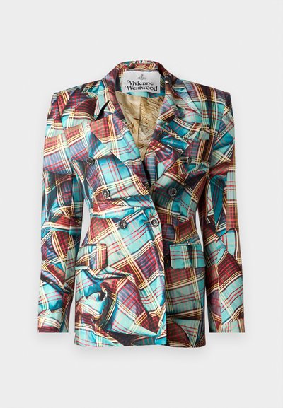 Kaksirivinen bleiseri, jossa on ruutukuosi punaisessa, keltaisessa ja turkoosissa, terävillä rakennekauluksilla, kahdella etutaskulla ja nappikoristeilla.