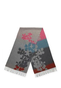 Écharpe en mélange de laine présentant un design dégradé dans des nuances de gris, bleu, rose et rouge. Un motif floral est rehaussé de bords frangés.
