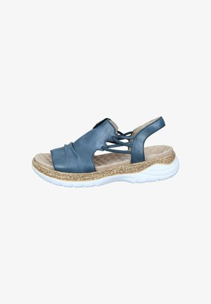 Blue leather sandal with open toe, elastic cross straps, cushioned insole, and a textured cork-like footbed on a white rubber sole.