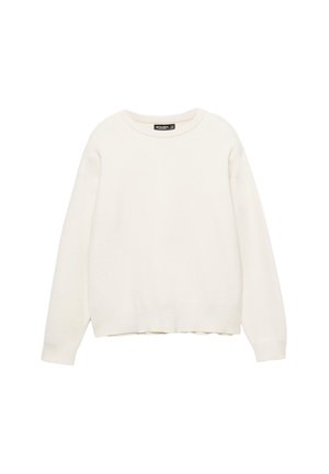 Krém színű pulóver, puha anyagból készült. Kerek nyakkivágással, hosszú ujjakkal és bordás aljjal rendelkezik. Egyszerű, laza dizájn.