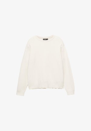 Krém színű pulóver, puha anyagból készült. Kerek nyakkivágással, hosszú ujjakkal és bordás aljjal rendelkezik. Egyszerű, laza dizájn.