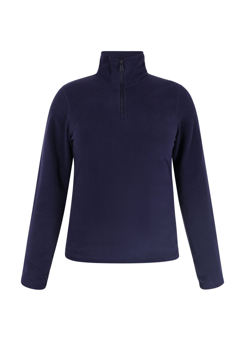 Marineblauwe fleece pullover met een hoge kraag en een kwart rits. Beschikt over lange mouwen en een gladde, zachte textuur. Geen patronen of accenten.