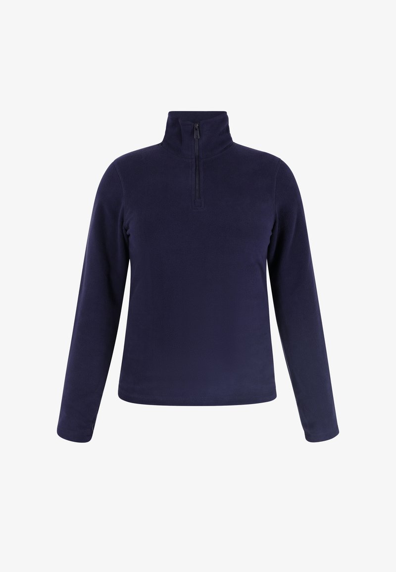 Navy-Fleece-Pullover mit hohem Kragen und Viertelreißverschluss. Hat lange Ärmel und eine glatte, weiche Textur. Keine Muster oder Akzente.