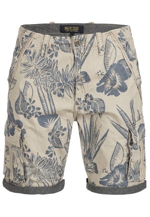 Beige shorts med blå blomster mønstre, med opsmøgte kanter, sidelommer og knaplukning. Fremstillet af let væv.