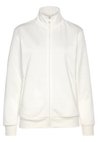 Weiße Zip-Jacke mit hohem Kragen, aus weichem Stoff. Verfügt über Seitentaschen und gerippte Bündchen an den Ärmelenden sowie am Saum.